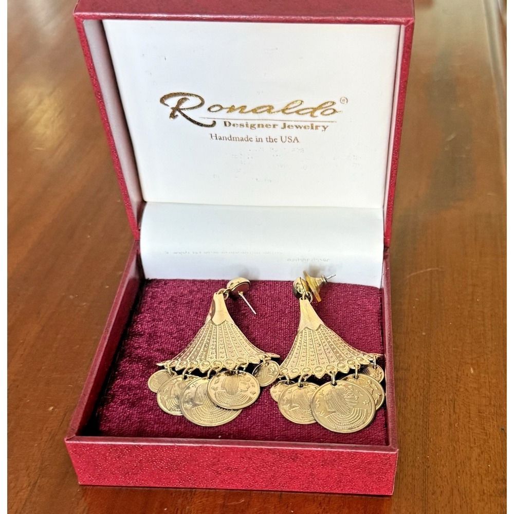 Egyptian Coin Dangle Earrings Ronaldo Designer Jewelry Gold Tone USA w/ Box